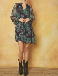 Entro - Print V-neck Long Sleeve Tiered Mini Dress