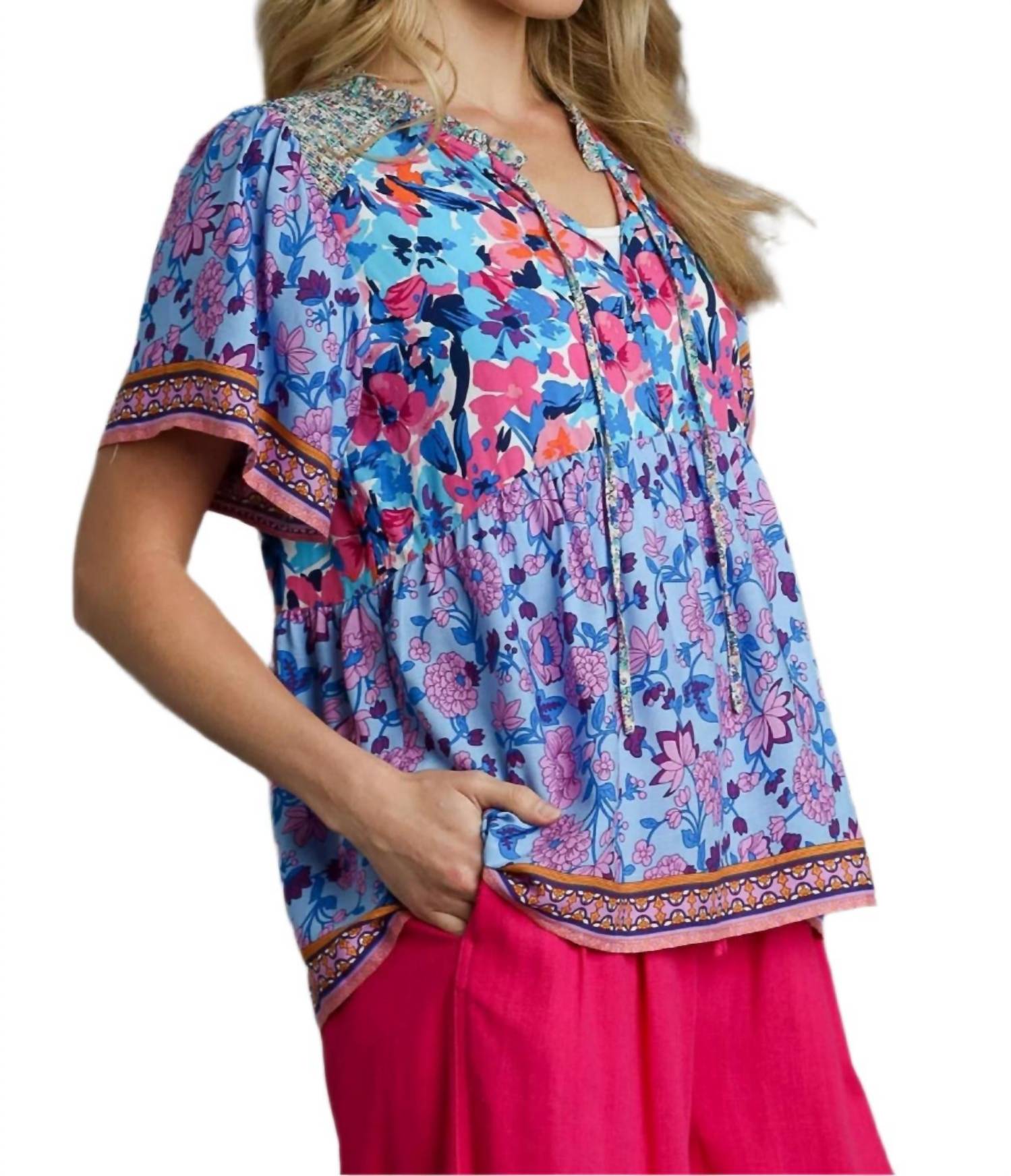 Umgee - Mixed Floral Print Bohemian Top
