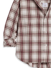 Frank & Eileen Women's Silvio Untuckable Button Up Shirt in cream wine and brown plaid - women's shirt - detail view