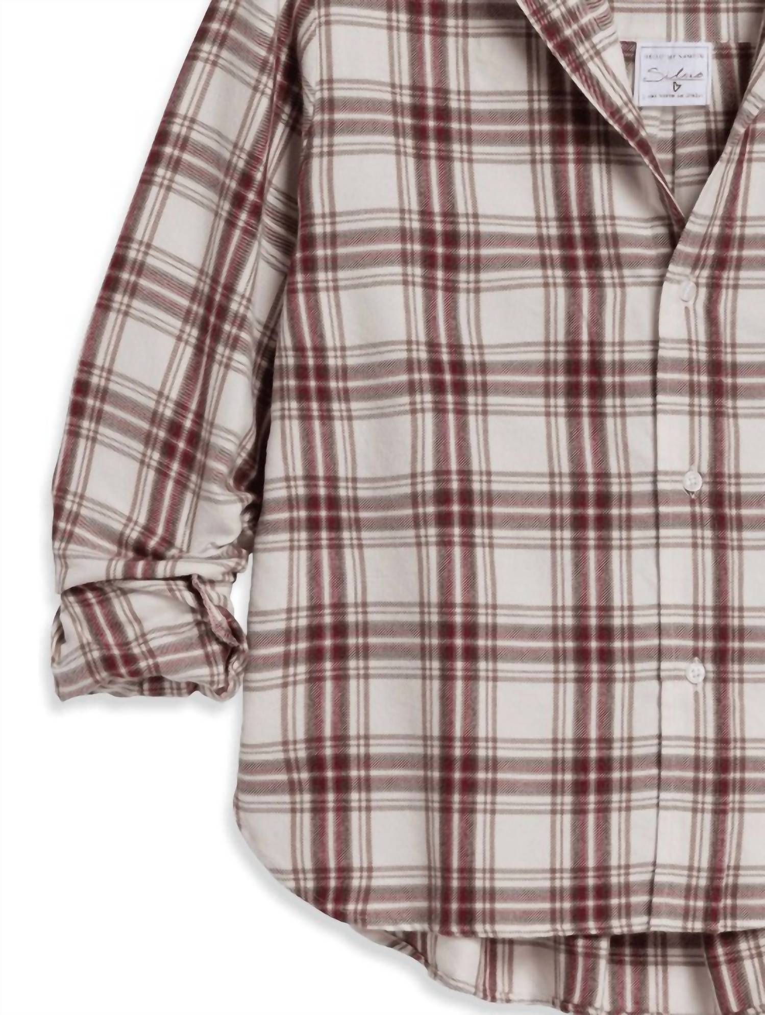 Frank & Eileen Women's Silvio Untuckable Button Up Shirt in cream wine and brown plaid - women's shirt - detail view