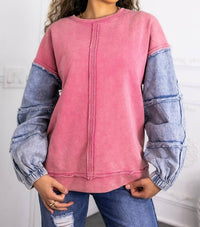 Surelymine - Pink Denim Patch Sleeve Sweatshirt