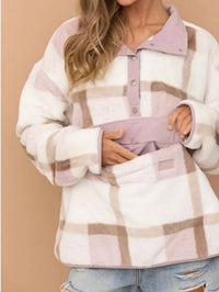 Blue B Soft Fur Plaid Button Up Pocket Front Pullover in beige - women's sweater - alternate view