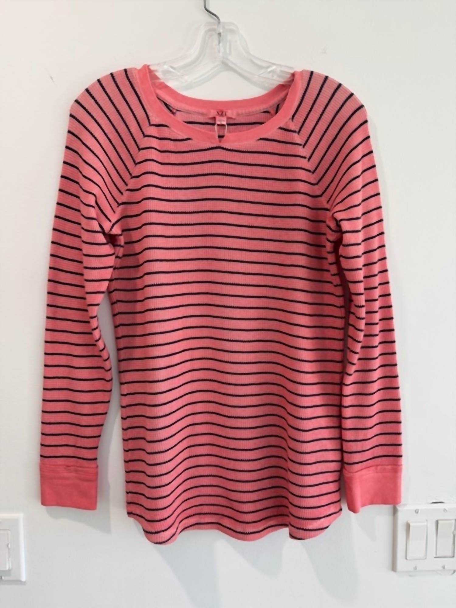 Nic + Zoe Women's Long Sleeve Striped Waffle Tee in pink navy - women's sweater - detail view