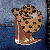 Tiana Designs - Women's Cowboy Boots And Hat Cropped Denim Jacket