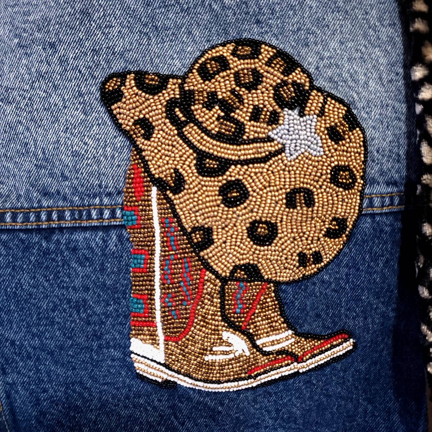 Tiana Designs - Women's Cowboy Boots And Hat Cropped Denim Jacket
