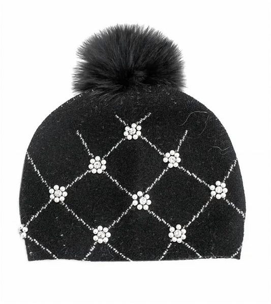 HTIM86 - Embellished Beanie w/ Fox Fur Pom