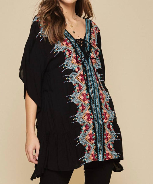 Andree By Unit - Floral Embroidered Lace Up Tunic