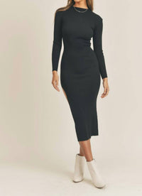 Mable - Long sleeve midi sweater dress with one side high slit.