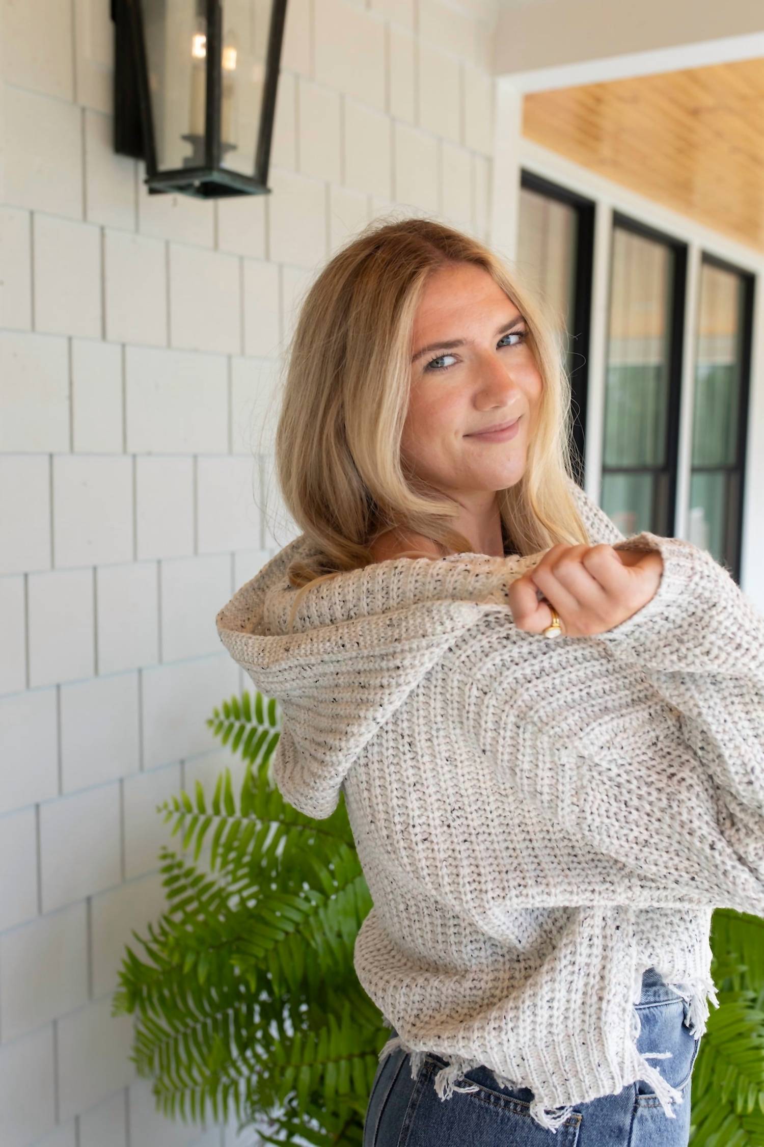 mystree Cozy Crochet Zip-Up Hoodie in beige - women's top - alternate view