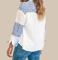 Shewin - Leopard Striped Patchwork Button Up Shirt