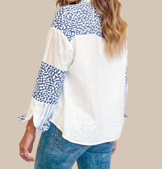 Shewin - Leopard Striped Patchwork Button Up Shirt