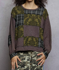 POL Printed Patch Relaxed Fit Top in gray - women's long sleeve top