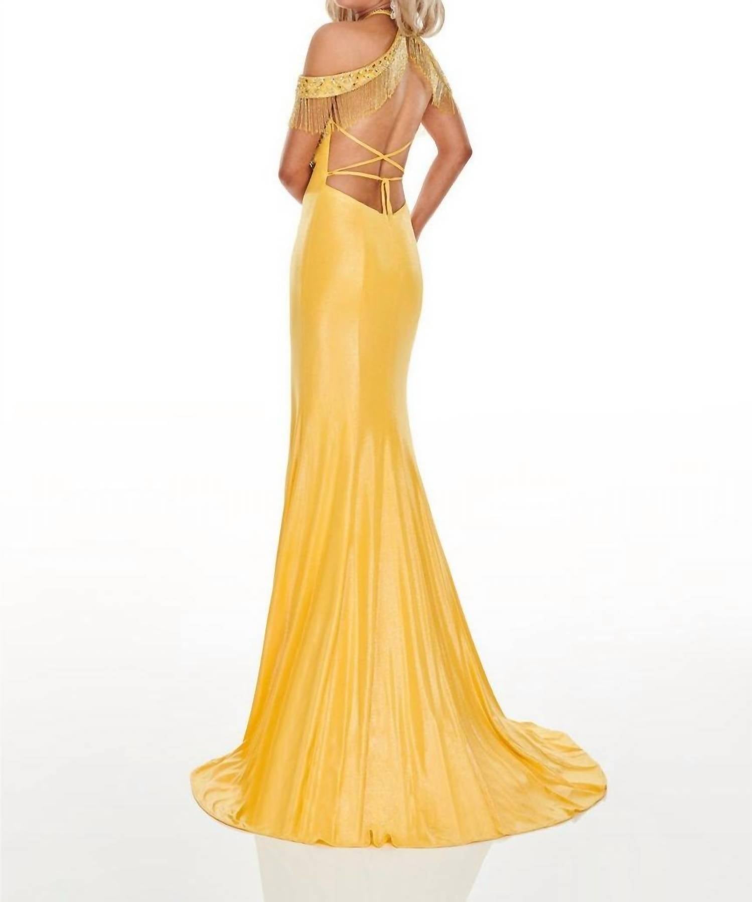 Rachel Allan - Lace-up Back Shimmer Metallic Jersey Prom Gown