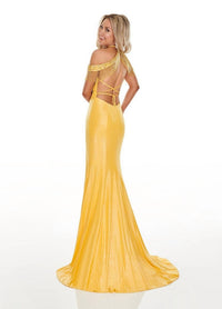 Rachel Allan - Lace-up Back Shimmer Metallic Jersey Prom Gown