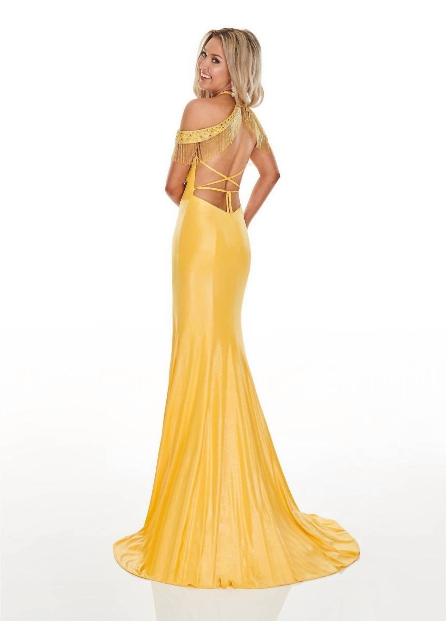 Rachel Allan - Lace-up Back Shimmer Metallic Jersey Prom Gown