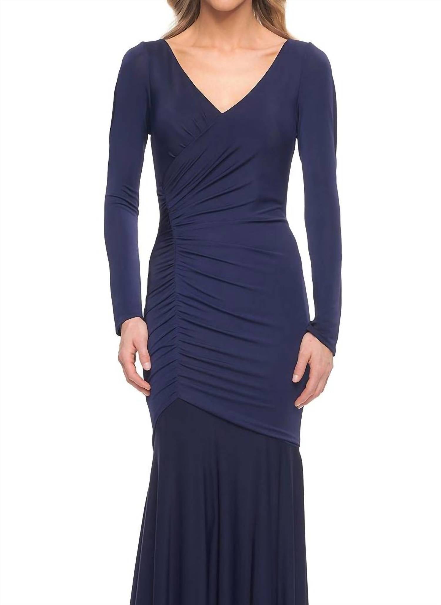 La Femme Apero - Ruched Jersey Long Sleeve Gown Dress