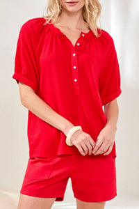 Tribal - Gingham Semi-sheer Notch Neck Blouse With Button Detail
