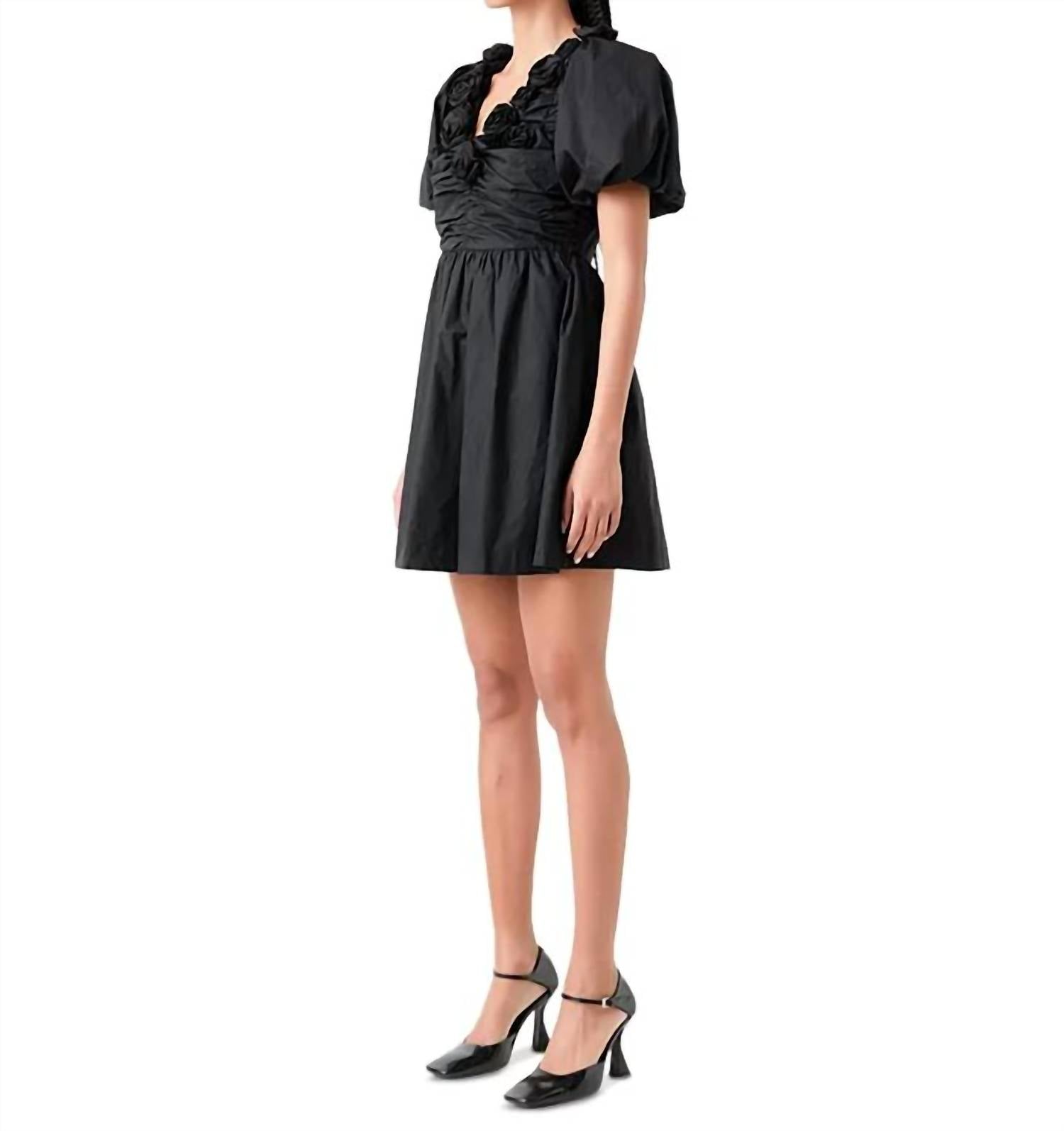 English Factory - Flower Neckline Puff Sleeve Mini Dress