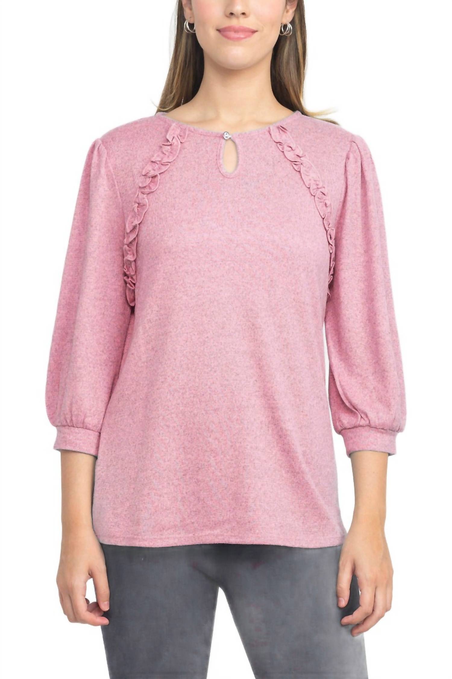 Tint & Shadow - Crew Neck Front Ruffle Detail Knit Top