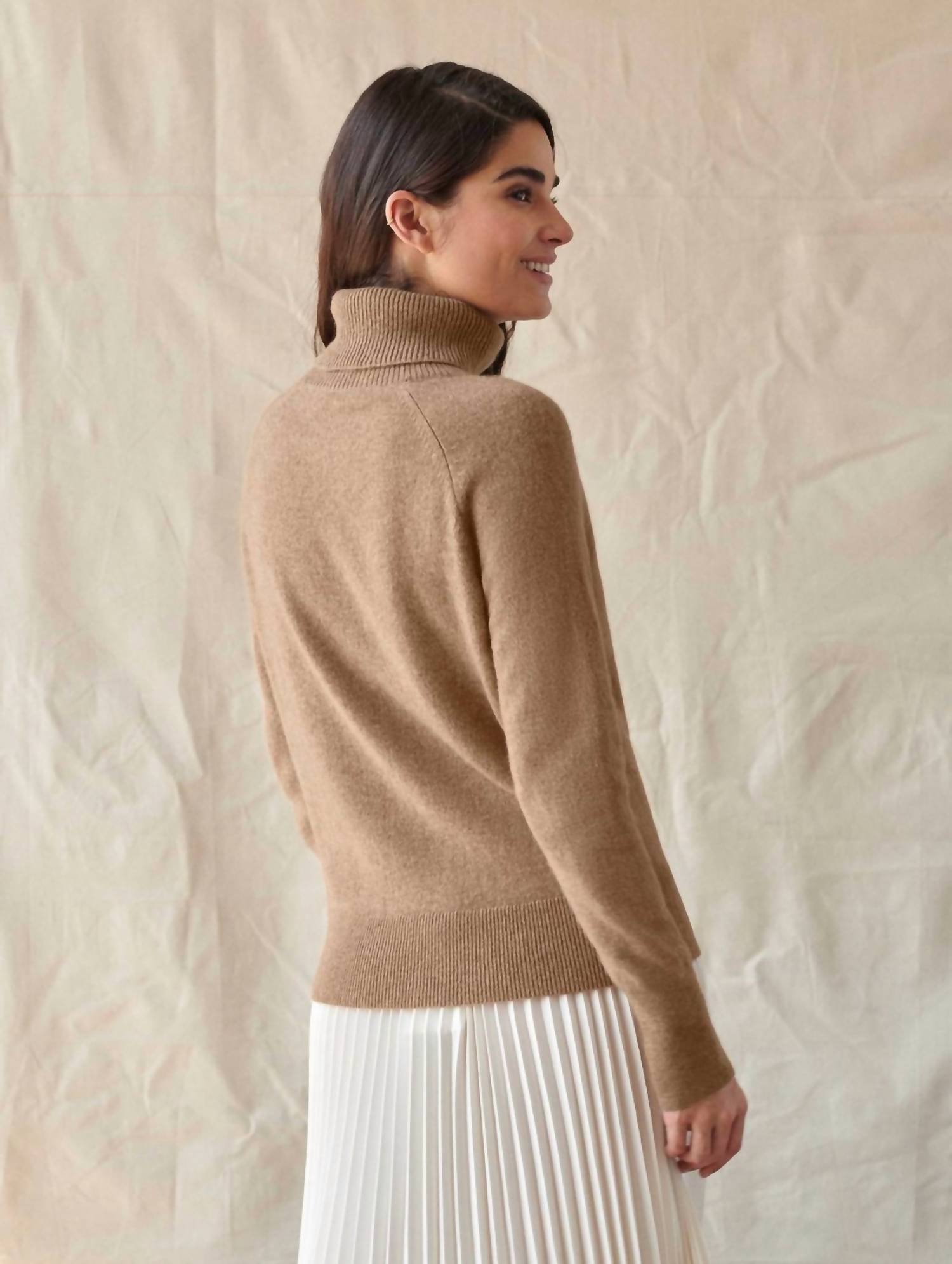 White + Warren Cashmere Essential Turtleneck Sweater in beige - women's sweater - alternate view