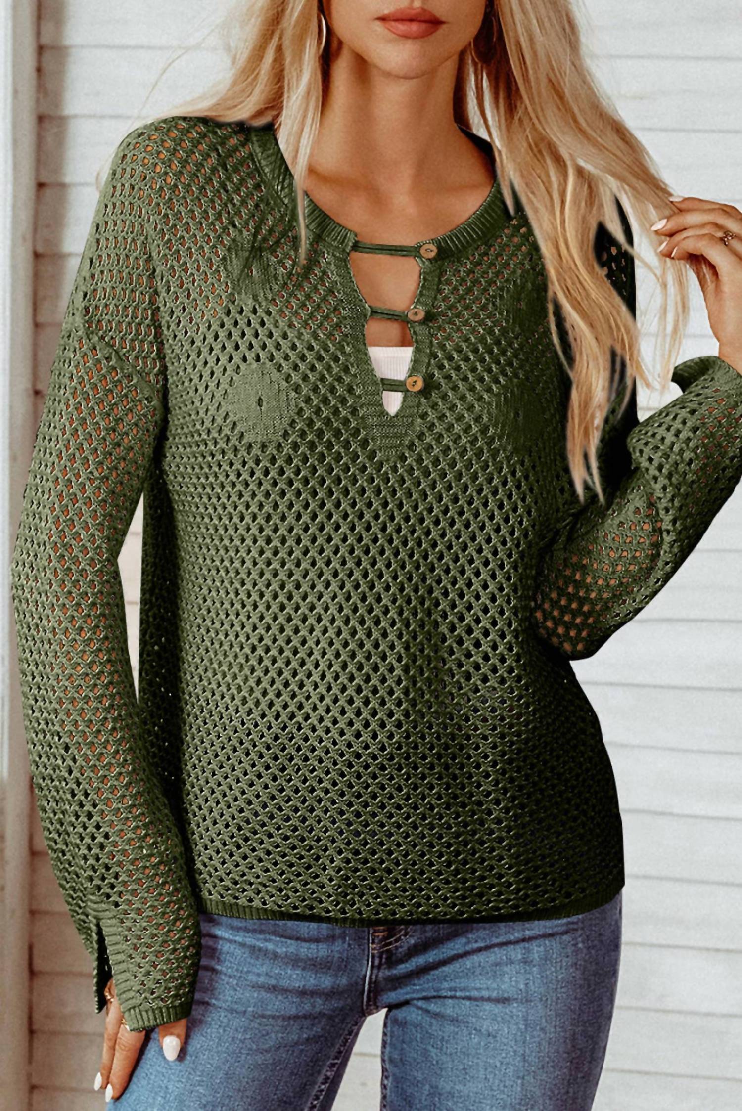 Fashionworks - Open Knit Buttoned Neck Split Sleeve Sweater
