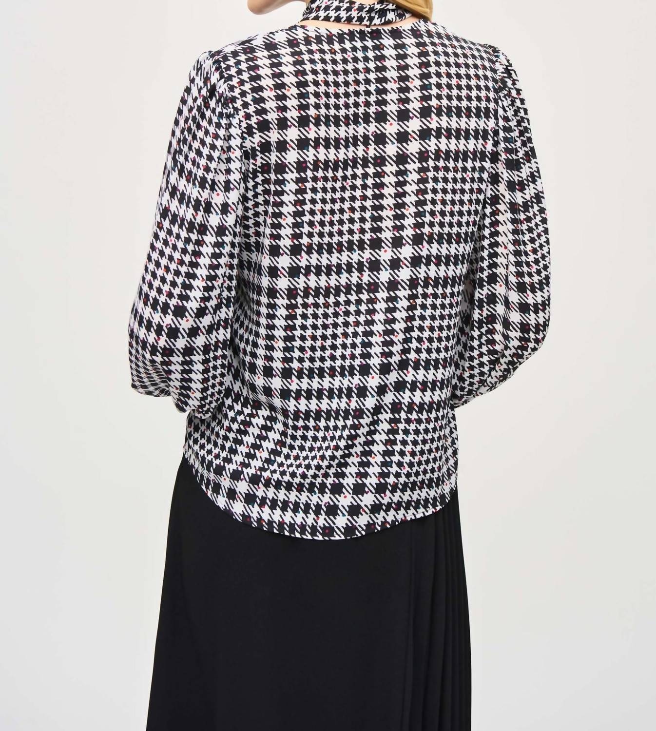 Joseph Ribkoff V Neck Full Sleeve With Neck Tie Blouse in vanilla multi - women's blouse - alternate view