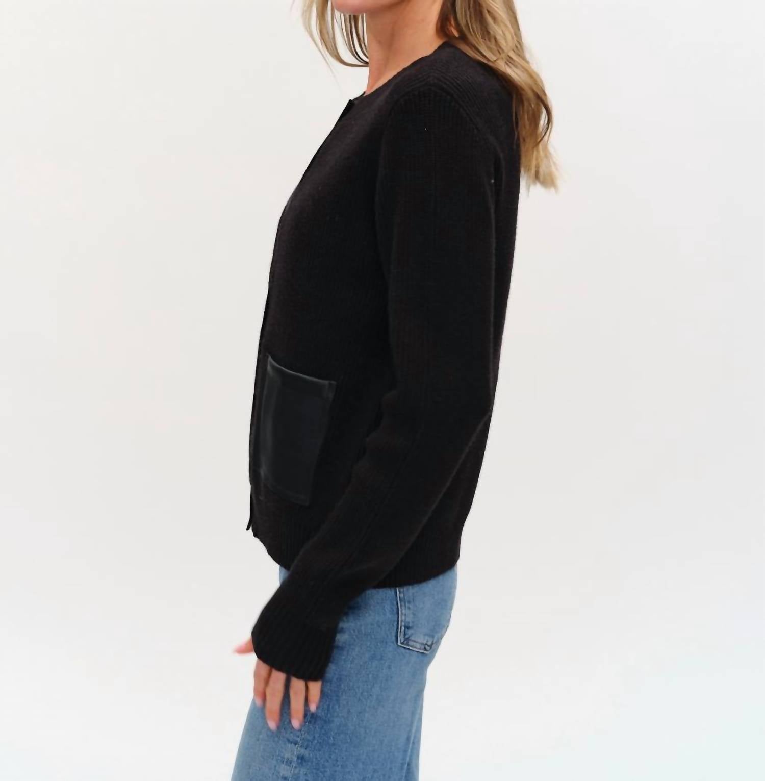 SIX/FIFTY Natalia Faux Leather Cardigan in black 1 - women's cardigan - view 4