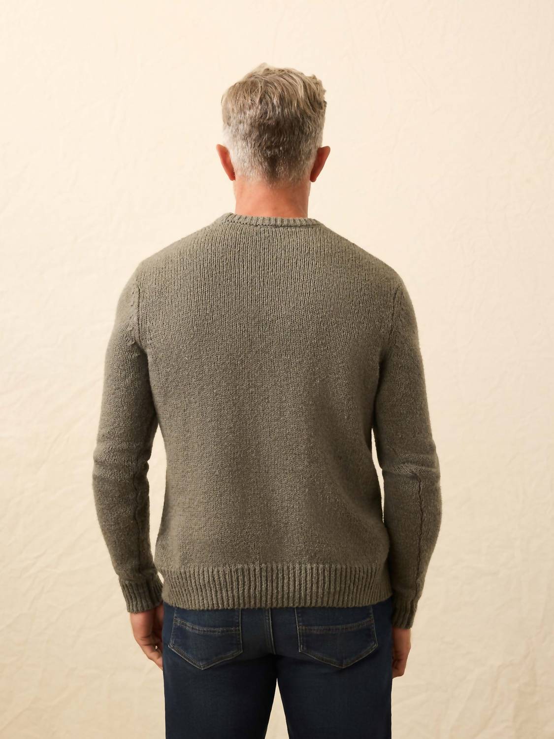 Faherty Heirloom Crewneck Sweater in olive cove - men's sweater - detail view