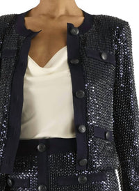 Ramy Brook Anna Classic Button-down Jacket in black beaded mesh - women's jacket - detail view