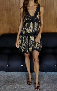 By Together Printed Plunged Lace Detailed V-Neck Slip Dress in multi floral - women's dress - detail view