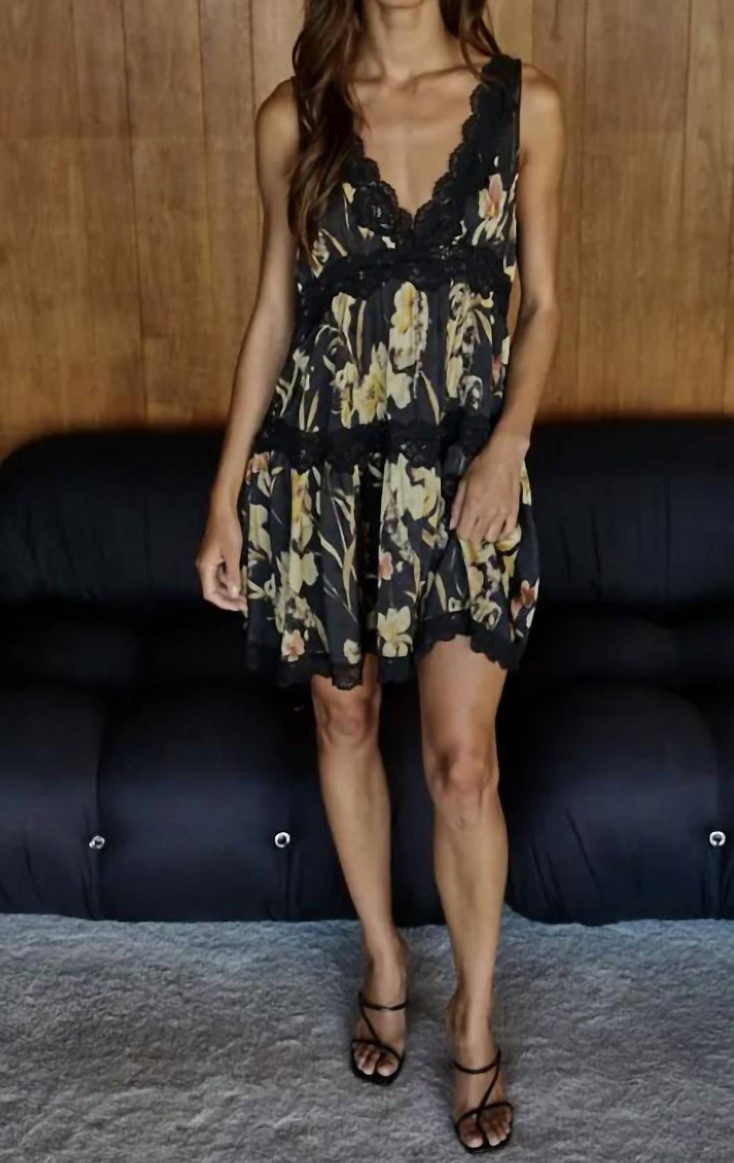 By Together Printed Plunged Lace Detailed V-Neck Slip Dress in multi floral - women's dress - detail view