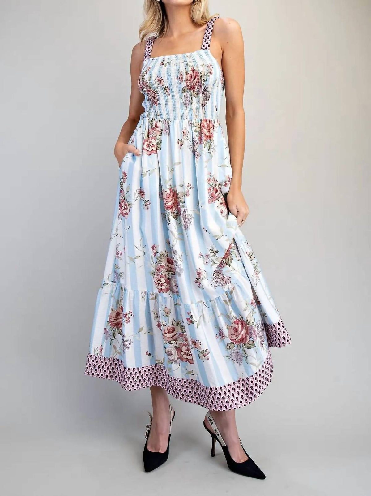 Ee:Some - Floral Striped Contrast Strap Maxi Dress