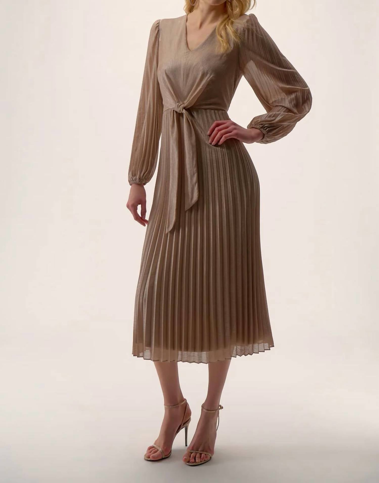Joseph Ribkoff Waist Tie Puff Sleeve Pleated Fit And Flare Dress in taupe silver 1 - women's dress