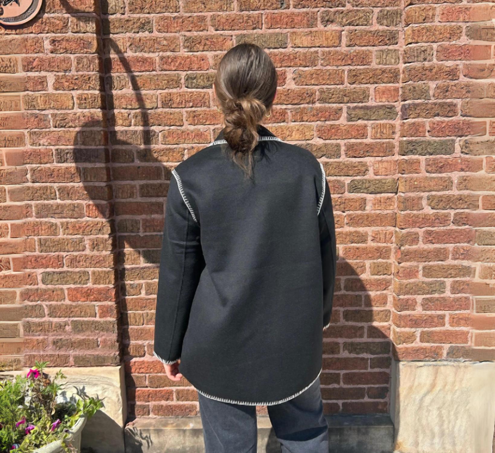 Elliott Lauren Whipstitch Wool Blend Coat in black and white - women's jacket - detail view