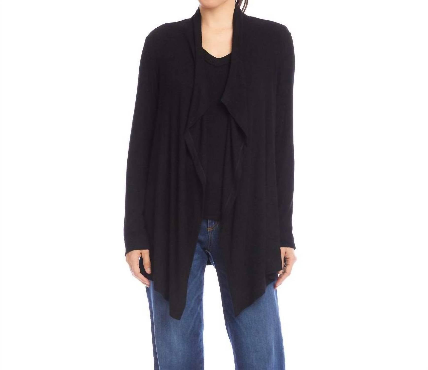 Karen Kane Long Sleeve Ribbed Drape Front Cardigan in black - women's cardigan