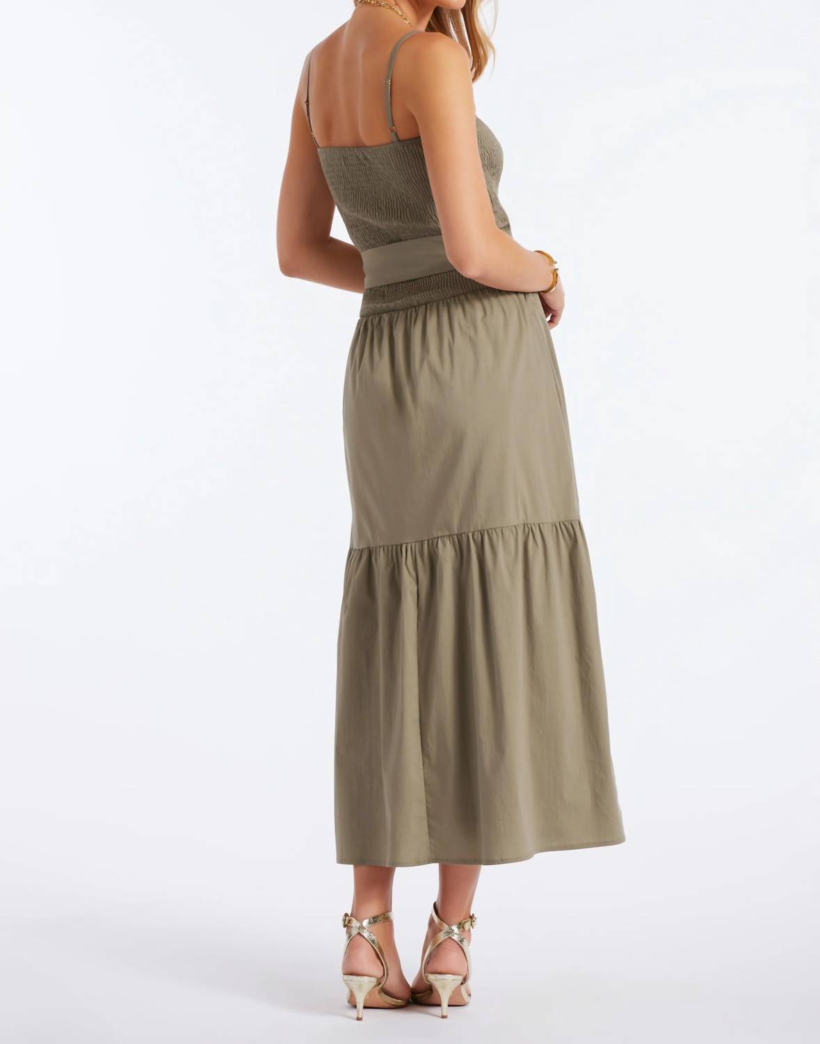 bishop + young Stella Smock Tiered Midi Dress in olive - women's dress - detail view