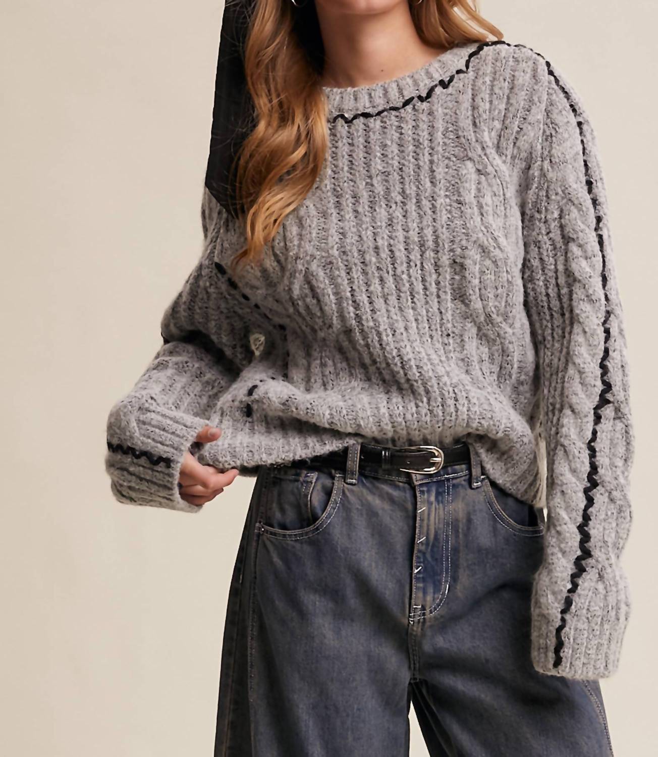 Listicle - Contrast Stitch Cable Knit Sweater