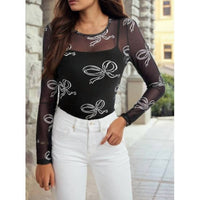1 the Woman Bow Mesh Long Sleeve Top in black - women's long sleeve top