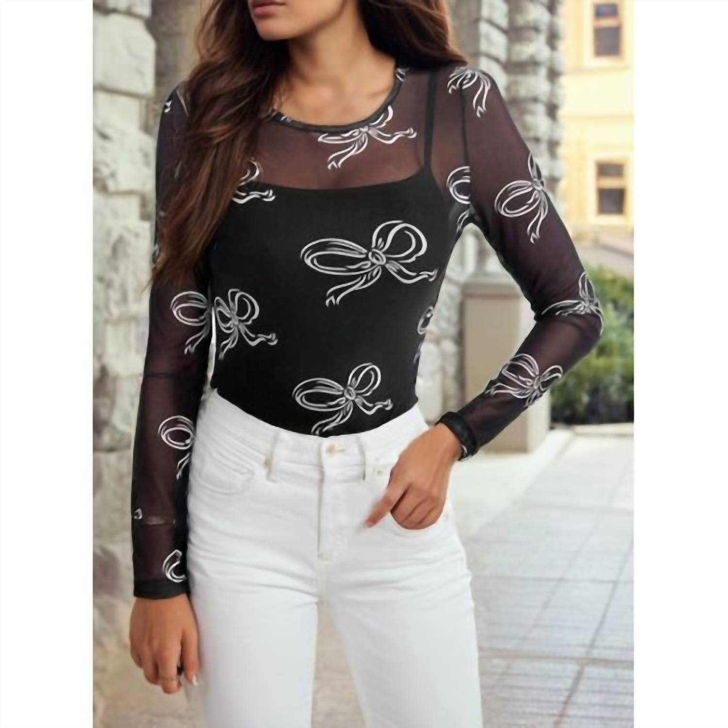 1 the Woman Bow Mesh Long Sleeve Top in black - women's long sleeve top