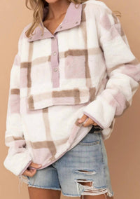 Blue B Soft Fur Plaid Button Up Pocket Front Pullover in beige - women's sweater