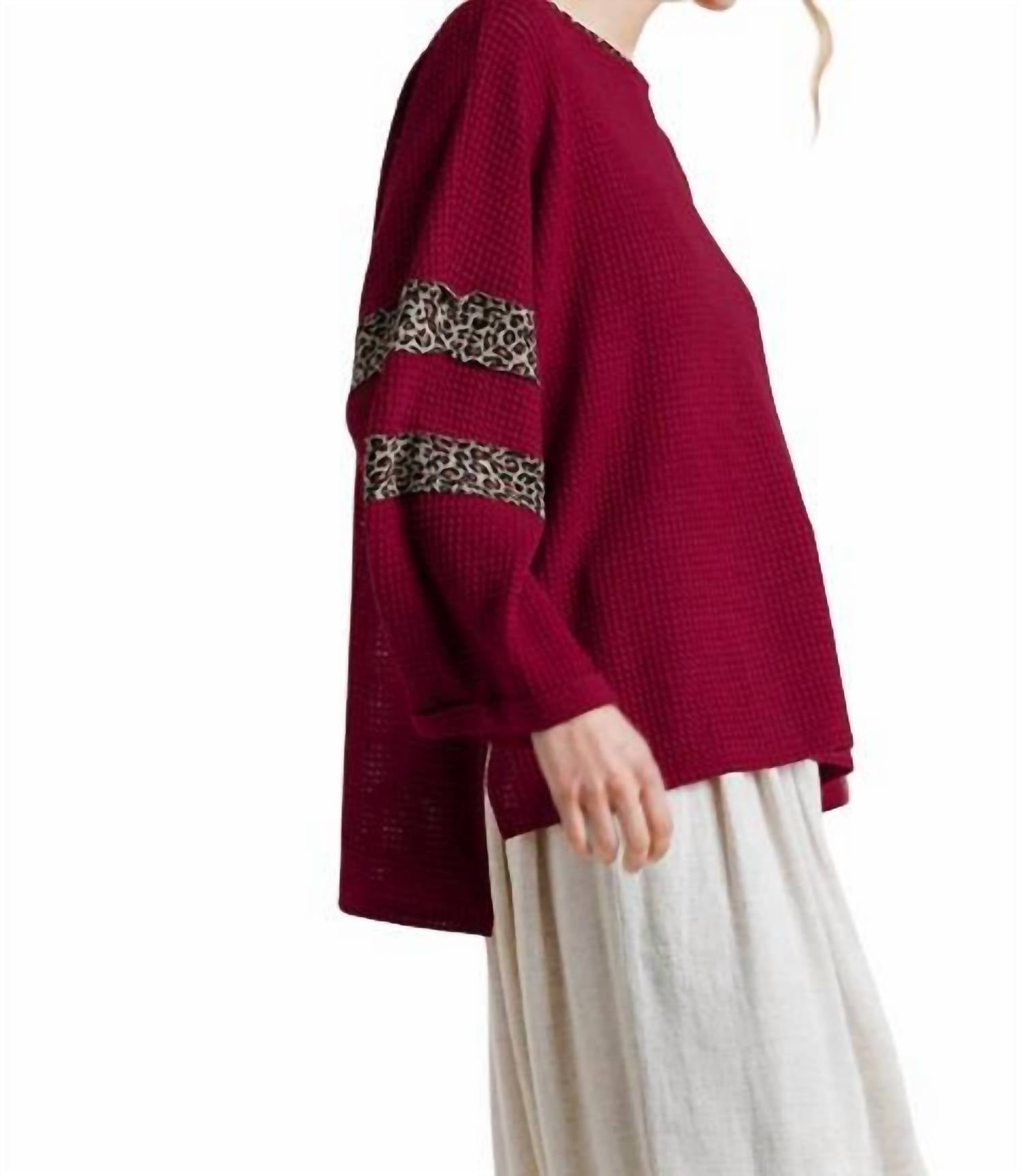 Umgee - Leopard Trim Waffle Knit Top