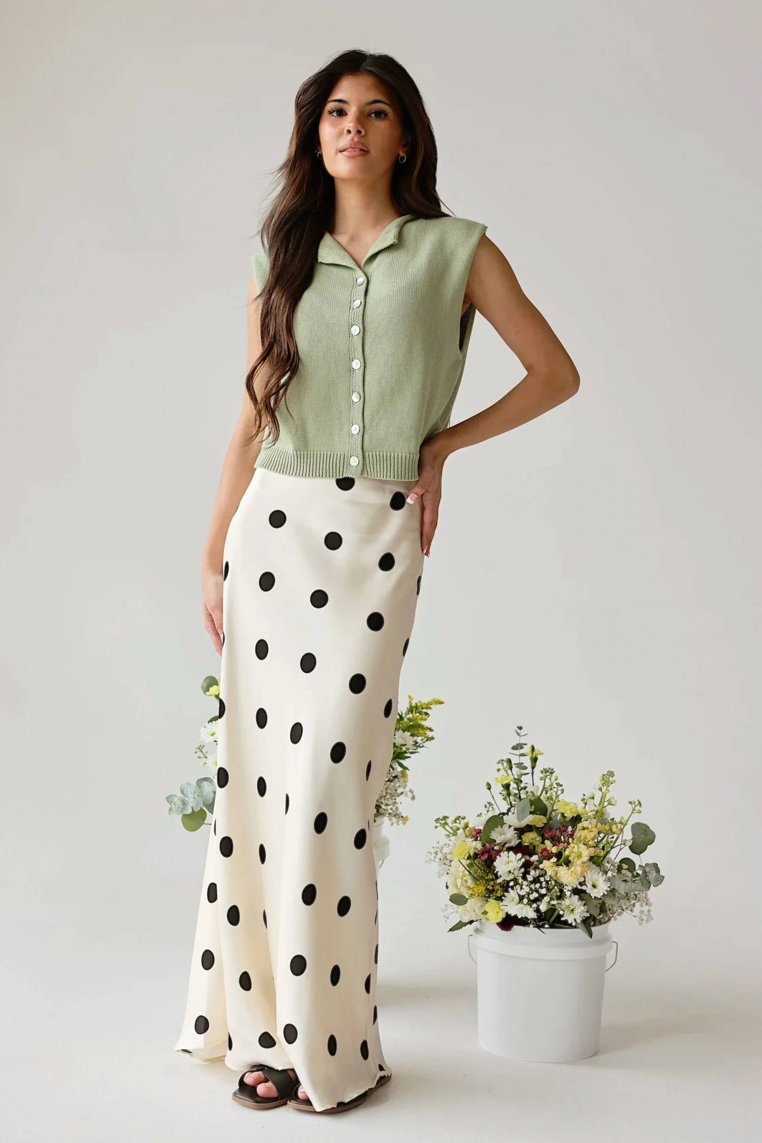 Lelis - Classic Polka Dot Satin High-waisted Maxi Skirt