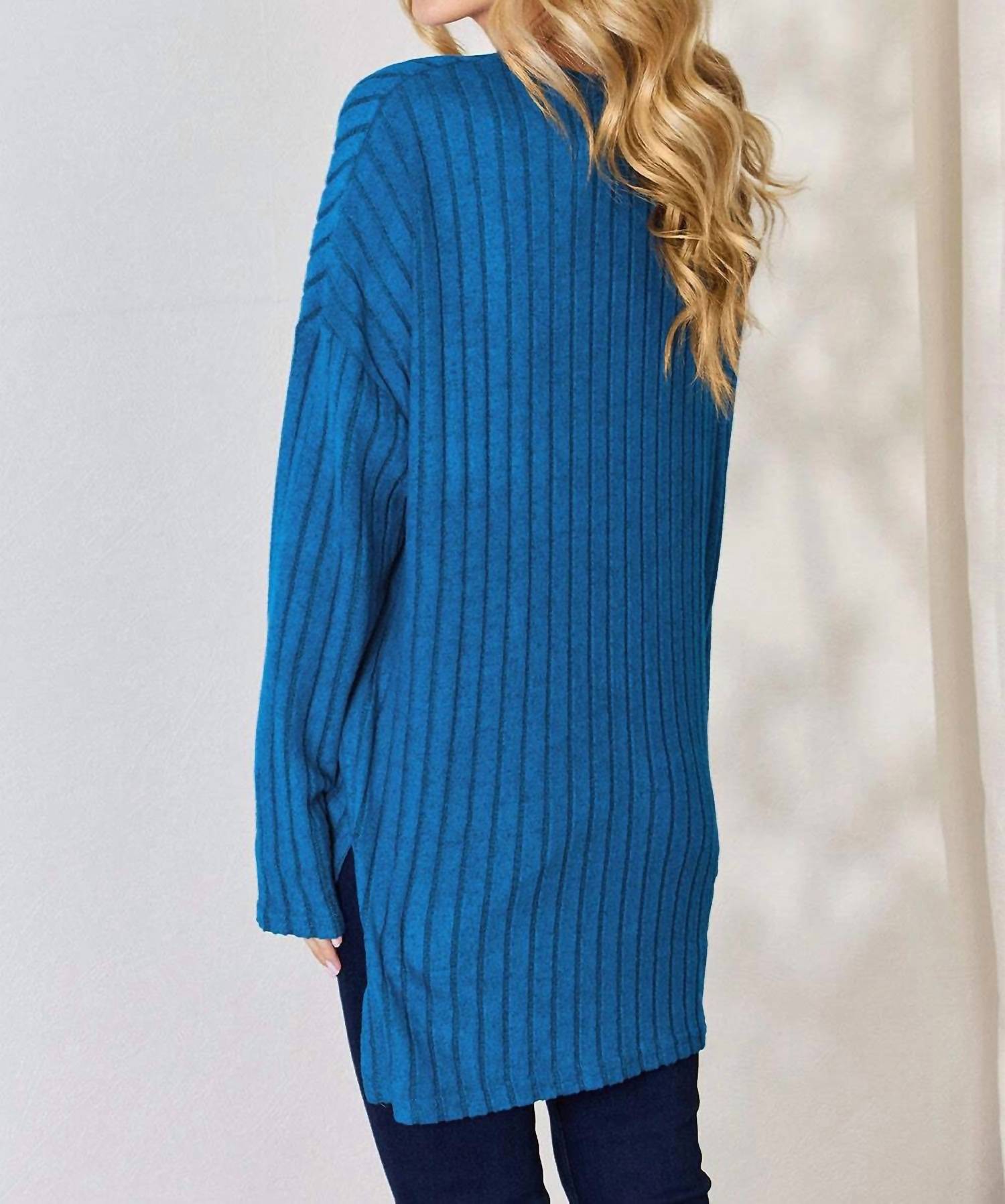 Basic Bae - Ribbed Half Button Long Sleeves - blue - clothing - shirts