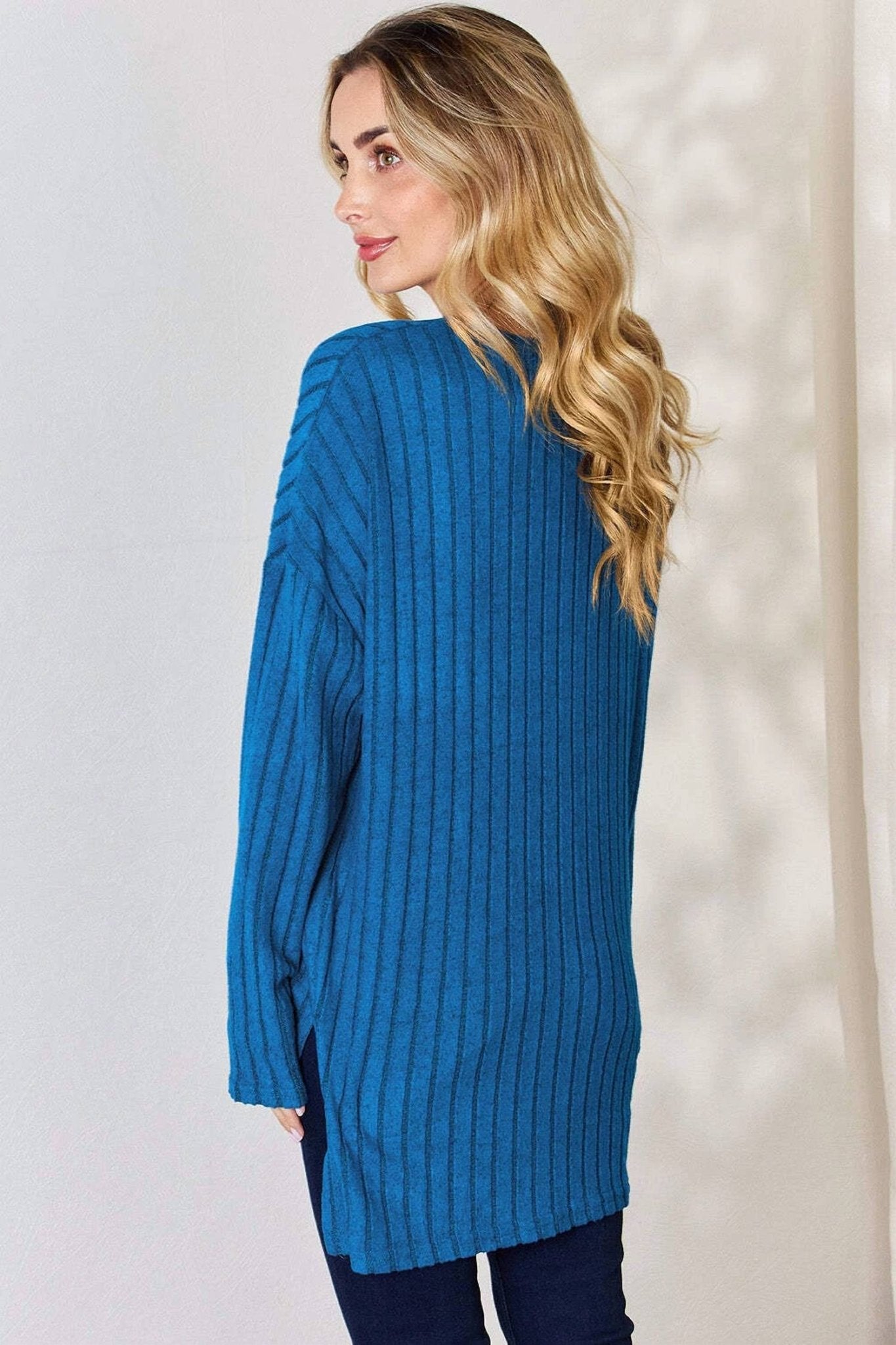 Basic Bae - Ribbed Half Button Long Sleeves - blue - clothing - shirts