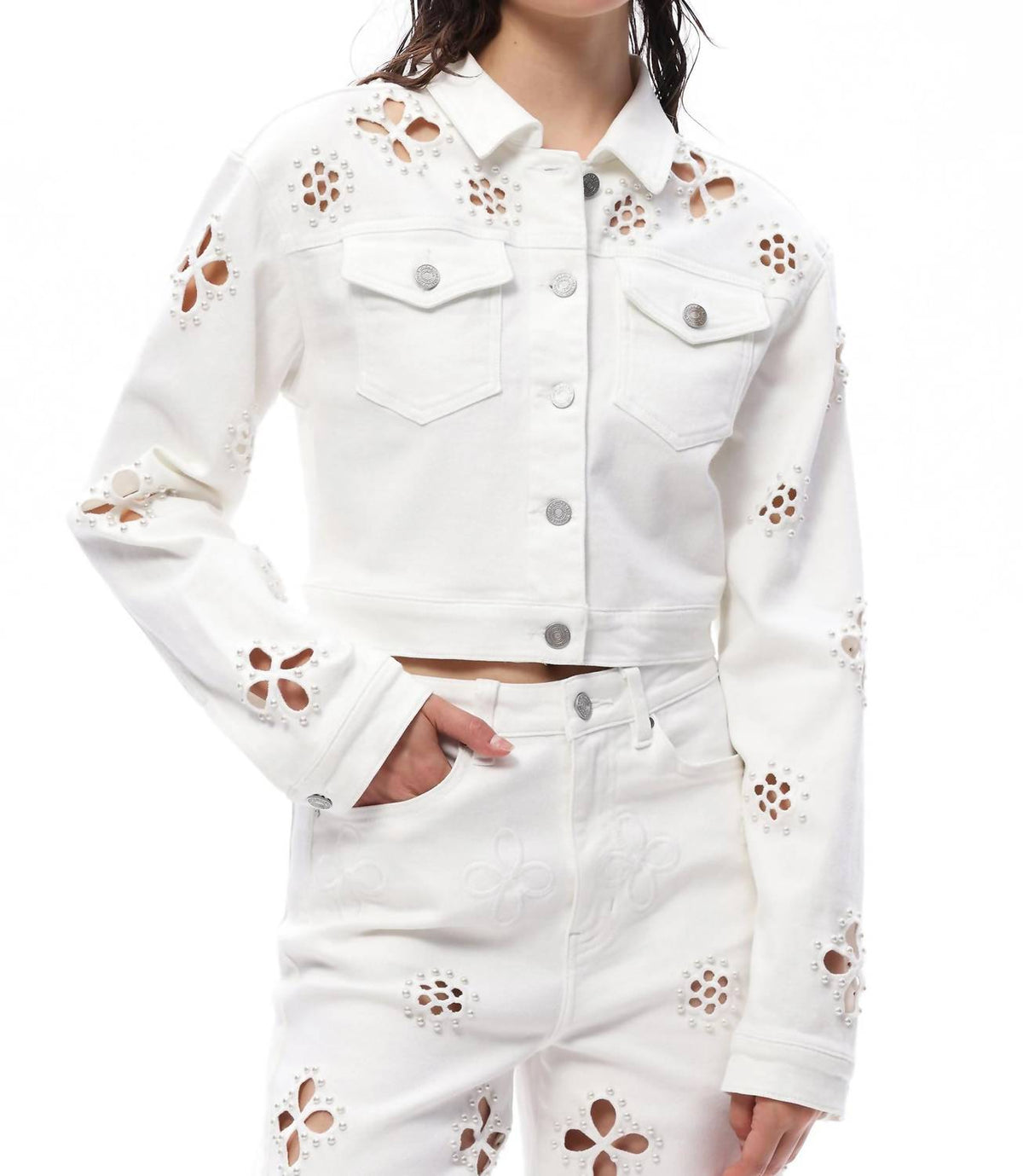 Bayeas - Pear Eyelet Long Sleeve Denim Jacket