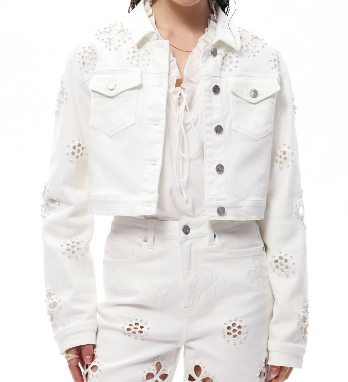 Bayeas - Pear Eyelet Long Sleeve Denim Jacket