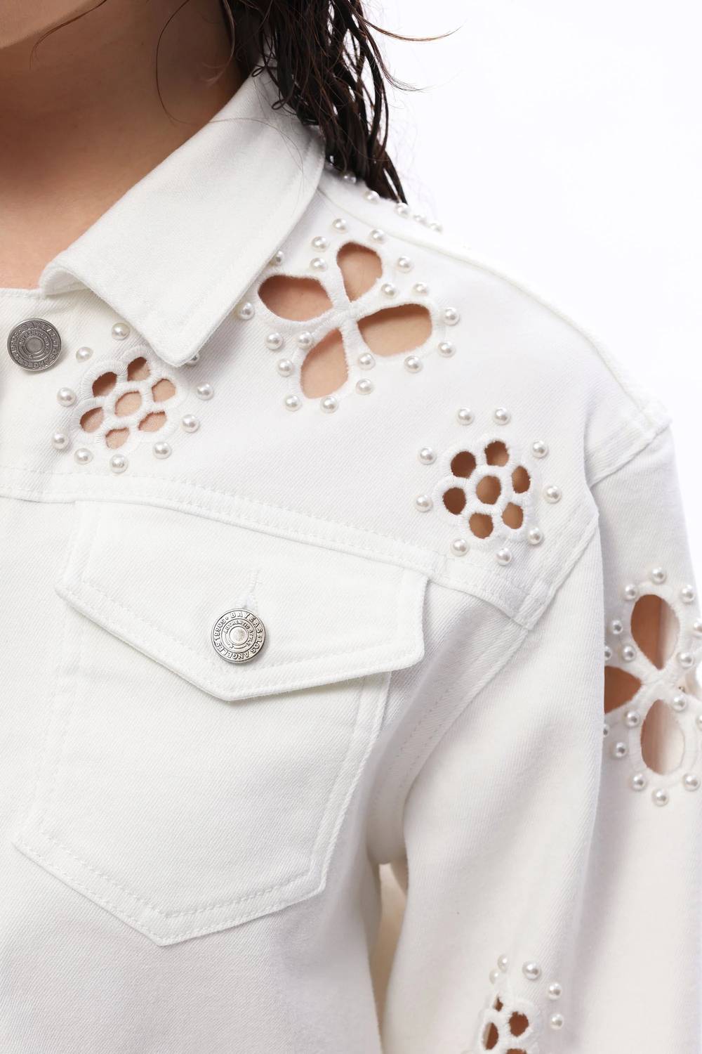 Bayeas - Pear Eyelet Long Sleeve Denim Jacket