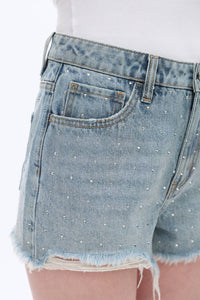 Bayeas - Rhinestone Embellished High Rise Denim Shorts