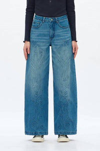 Bayeas - Wide Leg Curve Embossed Floral Jeans