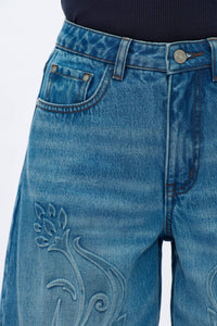 Bayeas - Wide Leg Curve Embossed Floral Jeans